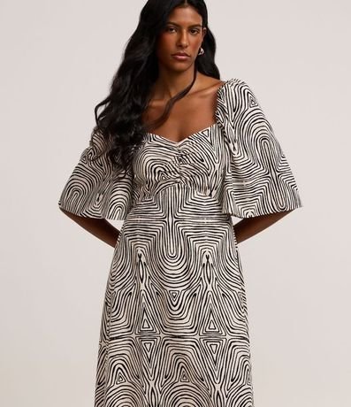 Vestido Midi en Viscolino con Manga Godê y Estampado Geométrico 2