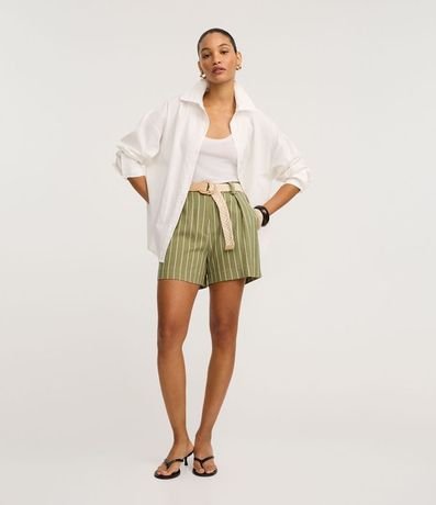 Short Listrado en Viscosa con Cinturón Ráfia