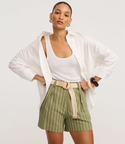 Short Listrado en Viscosa con Cinturón Ráfia 2