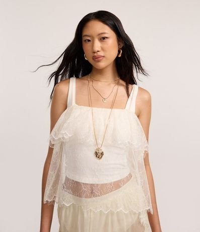 Blusa Corta en Encaje con Superposición y Breteles Finos