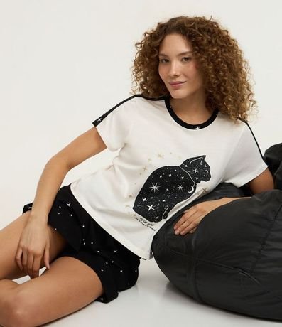 Pijama Short Doll en Algodón con Estampa Gatito y Brillos