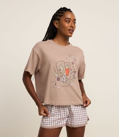 Pijama Short Doll en Algodón con Estampa Mística y Short de Cuadros Vichy
