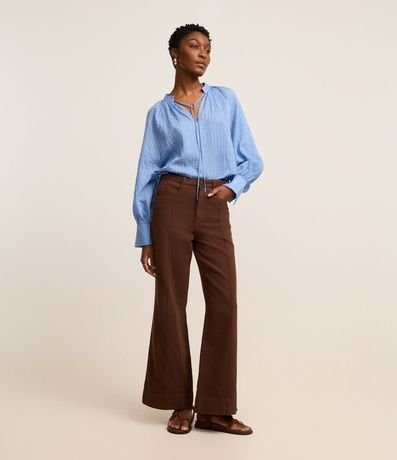 Pantalón Wide Leg en Sarga con Friso Delantero