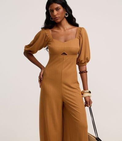 Mono Pantalona en Viscosa con Escote Corazón con Manga Abullonada