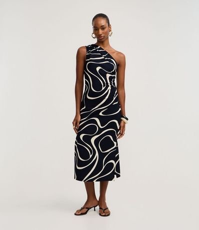 Vestido Midi Hombro Único en Crepé con Estampa Abstracta
