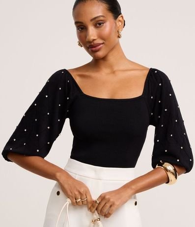 Blusa en Punto con Brillo y Textura en la Manga Bufante