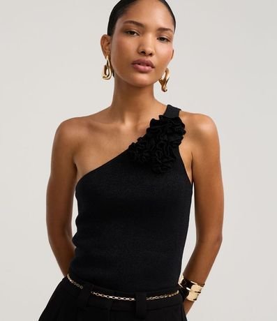 Blusa Hombro Único en Punto con Flor en el Hombro