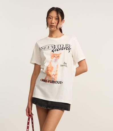 Remera Alargada en Algodón con Estampa Gatito
