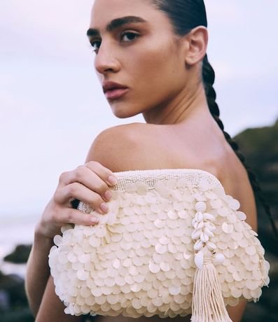 Bolsillo Clutch en Lentejuelas con Caracolas en la Borla y Correa de Cadena