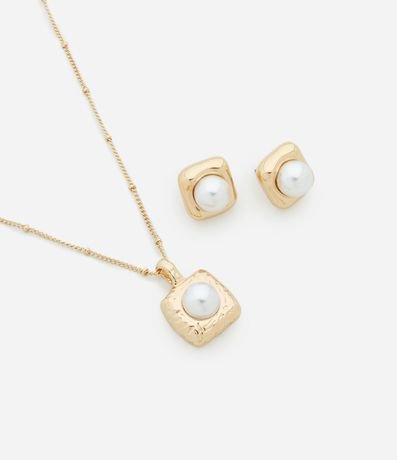 Conjunto de Collar Corto con Colgante Cuadrado con Pérola Artificial y Caravana Botón
