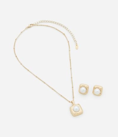Conjunto de Collar Corto con Colgante Cuadrado con Pérola Artificial y Caravana Botón 2