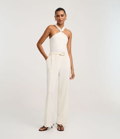 Pantalón Recto en Crepé con Cinturón y Hebilla