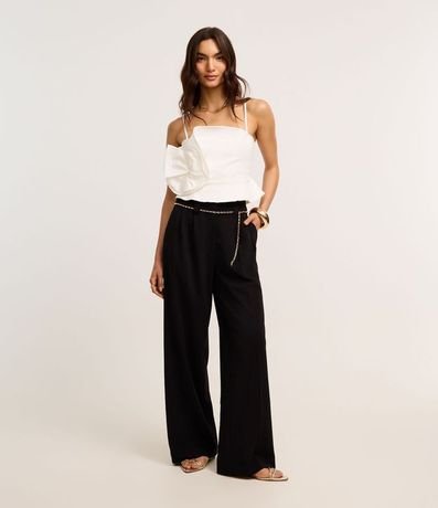 Pantalón Wide Leg en Crepé con Cinturón Cadena