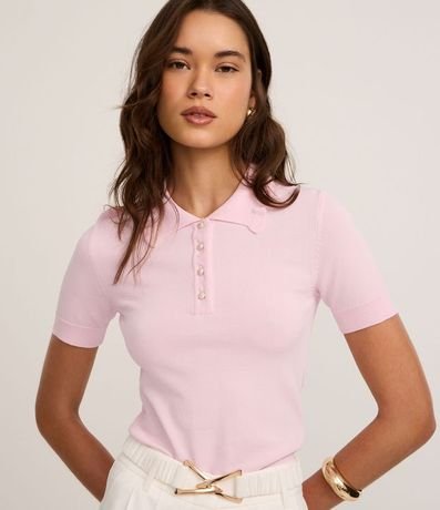 Blusa en Punto con Pliegues en el Cuello Polo