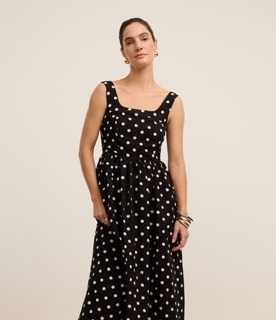 Vestido Midi Evasê en Tricolina de Lunares con Lastex en la Espalda