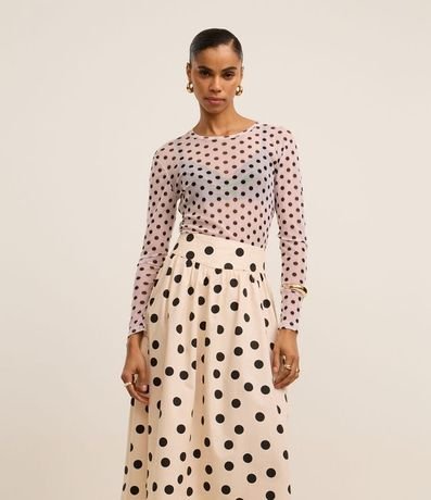 Pollera Evasê Midi en Tricolina con Cintura Ancha y Estampa de Lunares 2