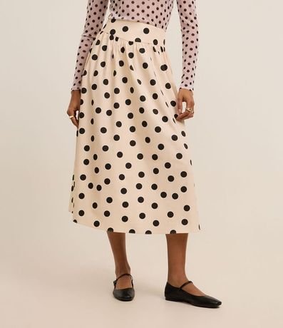 Pollera Evasê Midi en Tricolina con Cintura Ancha y Estampa de Lunares 3