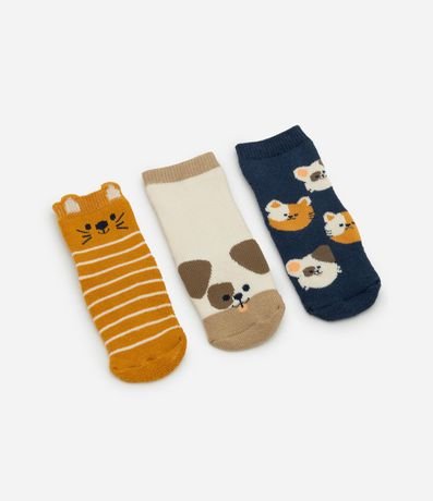Kit 03 Pares de Medias Infantiles con Estampa de Animalitos  - Talle 0 a 12 Meses
