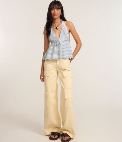 Pantalón Wide Leg Cintura Alta en Sarga con Bolsillos Cargo 2