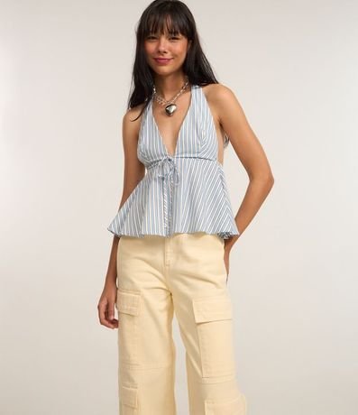 Pantalón Wide Leg Cintura Alta en Sarga con Bolsillos Cargo 3
