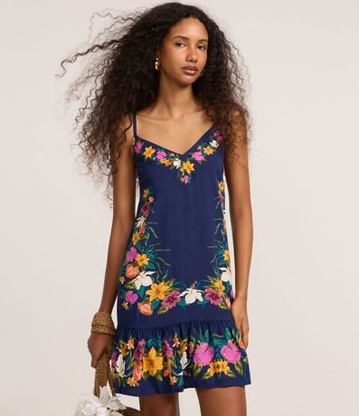 Vestido Evasê Corto de Bretel en Viscosa con Estampa Floral