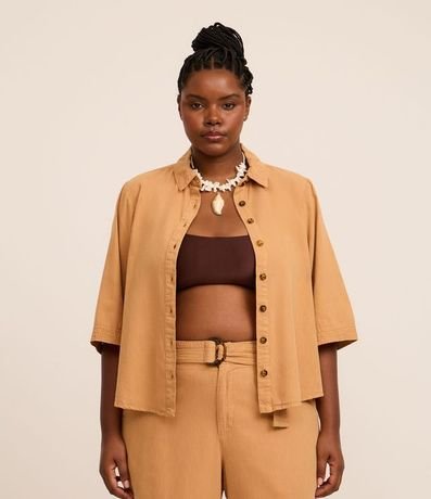 Camisa en Sarga con Pespontos y Bajo Larga Curve & Plus Size