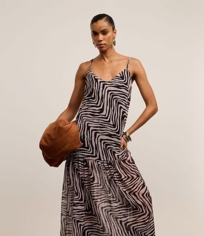 Vestido Evasê en Crepé con Bretel Fino y Estampa Zebra