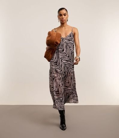 Vestido Evasê en Crepé con Bretel Fino y Estampa Zebra