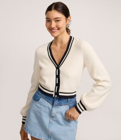 Cardigan Corto en Punto con Detalles de Rayas Contrastantes