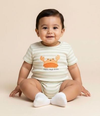 Mono Infantil con Bordado de Cangrejo y Rayas Canelado - Talle 0 a 18 Meses