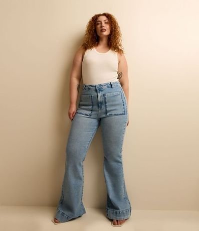 Pantalón Flare en Jeans con Bordado nos Bolsillos Curve & Plus Size 5