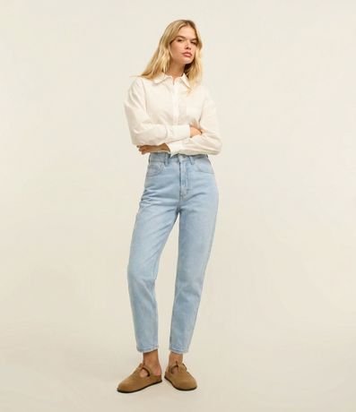 Pantalón Mom Básico Jeans con Cintura Alta y Bajo Plegado