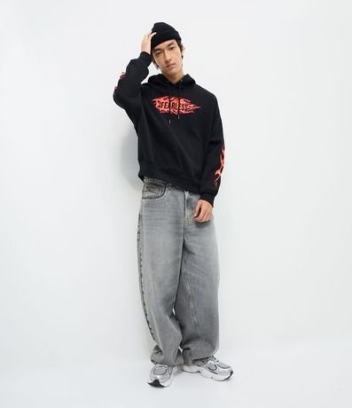 Saco Oversized en Algodón con capucha y Estampa Lettering Chamas 3