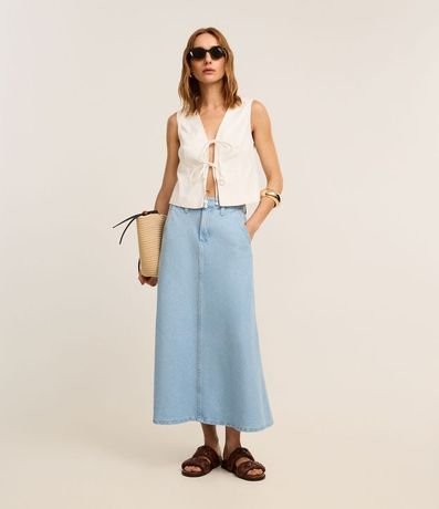 Pollera Midi Evasê en Jeans con Recorte en el Biés