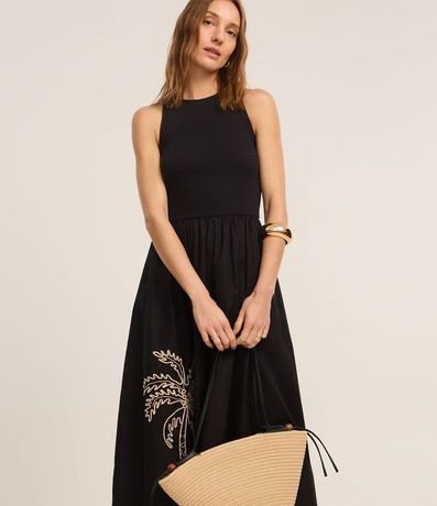 Vestido en Cotton con Textura Acanalada y Bordado Palmeras 1