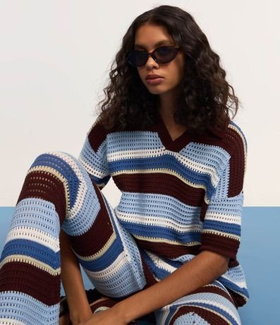 Remera Oversized de Punto Listrado y Cuello Polo 4