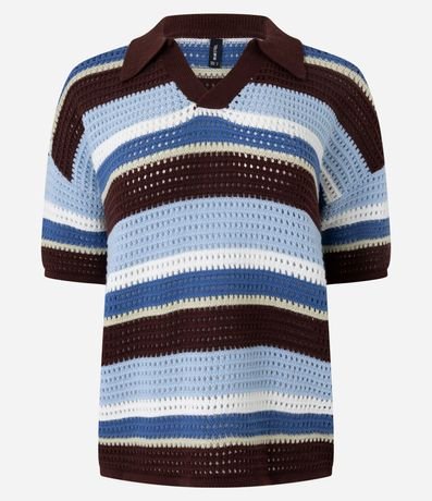 Remera Oversized de Punto Listrado y Cuello Polo 5