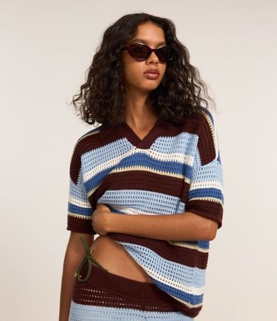 Remera Oversized de Punto Listrado y Cuello Polo