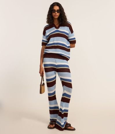 Remera Oversized de Punto Listrado y Cuello Polo 2