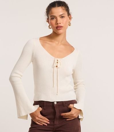 Blusa Acanalada en Punto con Lazo y Puño Amplio