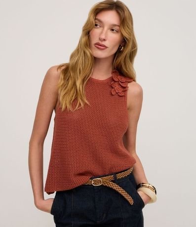 Blusa en Punto con Punto Cutout Flor de Tejido en el Hombro