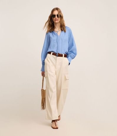 Pantalón Wide Leg en Sarga Sastrería con Bolsillo Cargo