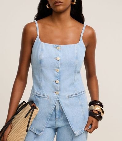 Chaleco Acinturado en Jeans con Botones y Ruedo V 5