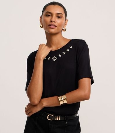 Remera T-shirt en Viscosa con Aplicación de Strass