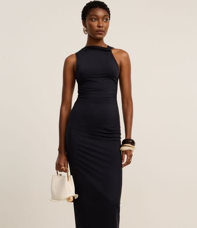 Vestido Midi en Microfibra con Drapeado Lateral y Hombro Diferenciado 1
