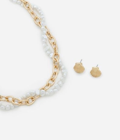 Conjunto de Collar Perla Trenzada con Cadena y Caravana de Caracola en Metal 2