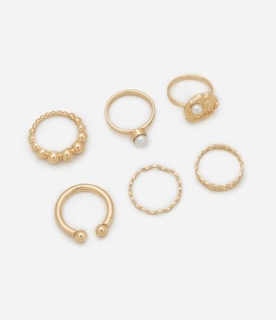 Kit 06 Anillos en Metal con Textura y Detalle en Perla y Caracol 2