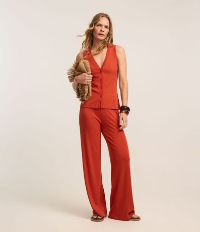 Pantalón Pantalona en Rib con Textura Acanalada y Cintura Elástica