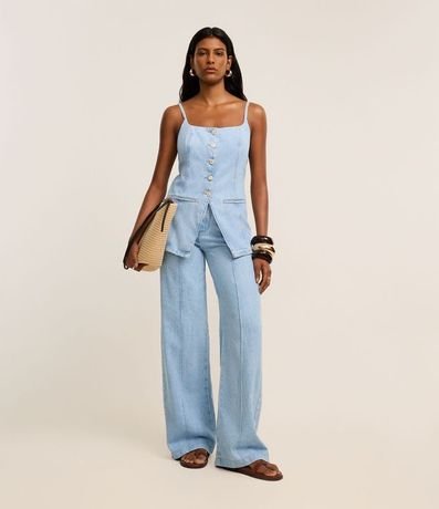 Pantalón Wide Leg Cintura Alta en Jeans con Frisos 1