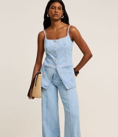 Pantalón Wide Leg Cintura Alta en Jeans con Frisos 2
